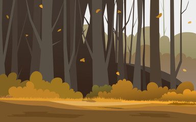 Cartoon illustration background of colorful forest in autumn backdrop, wallpaper. landscape with maples orange foliage trees and leaves falling. Vector illustration.