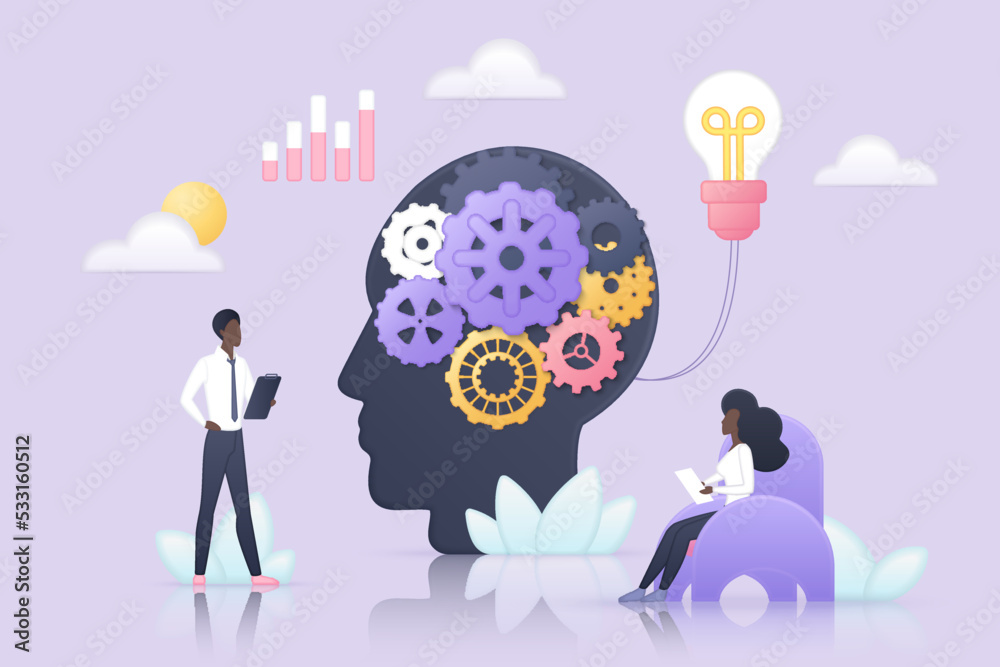 Poster effective idea development, mind growth and learning experience vector illustration. tiny people eng