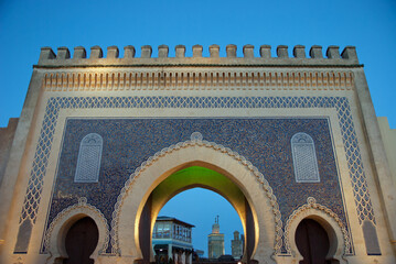 Ornate French Gate (Bab Bou Jeloud) at the entrance to the Medina, Fez