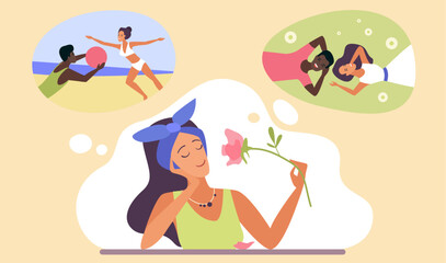 Summer memory vector illustration. Cartoon girl sitting at table, smelling smell of flower to remember happy and romantic moments and scenes of summer vacation in bubbles above head background