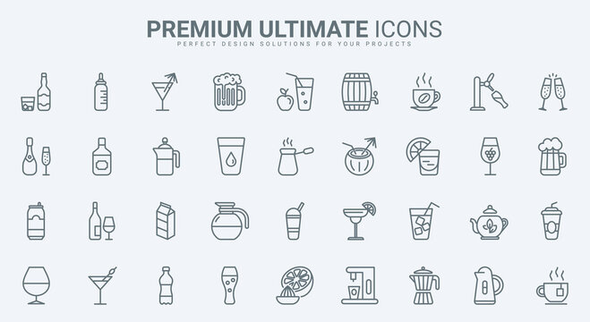 Drinks thin line icons set vector illustration. Outline restaurant and bar menu collection with mineral water, alcohol cocktails and fruit vitamin juice, hot coffee and tea, champagne and beer glass