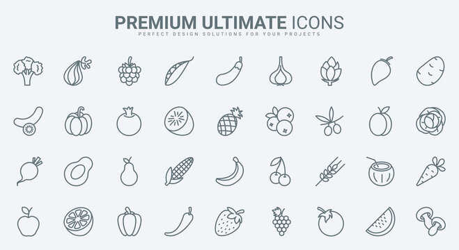 Fruit And Vegetable Thin Line Icons Set Vector Illustration. Outline Organic Healthy Farm Food For Healthy Nutrition, Fresh Apple And Orange, Banana And Cherry Berry, Carrot And Potato For Cooking