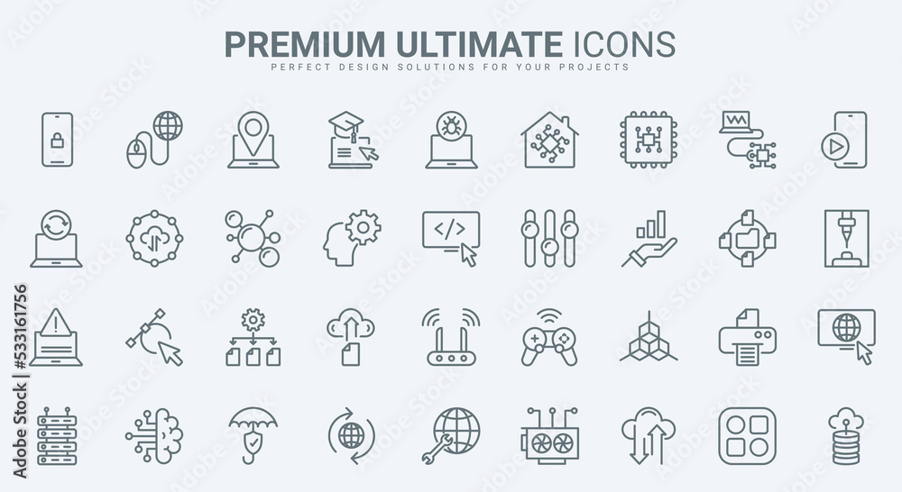 Fototapete Information technology thin line icons set vector illustration. Outline internet network system and computer database symbols, big data analysis and protection, exchange and download, support center