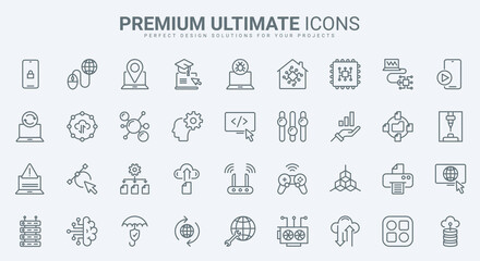 Information technology thin line icons set vector illustration. Outline internet network system and computer database symbols, big data analysis and protection, exchange and download, support center