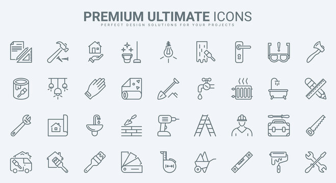 Home repair and renovation thin line icons set vector illustration. Outline diy tools for building improvement and construction, maintenance work of builders, handyman and engineer equipment