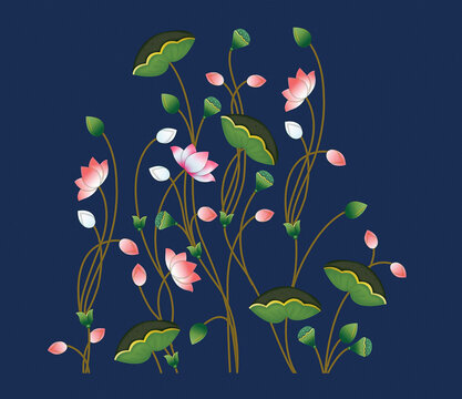Beautiful Indian Pichwai Art Lotus Flowers Illustration