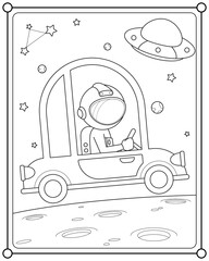 Astronaut driving a car in space suitable for children's coloring page vector illustration
