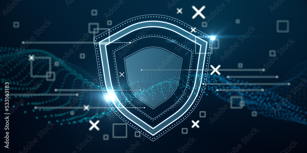 Poster abstract wide perspective glowing shield hologram on blue wallpaper with various blurry icons. cyber