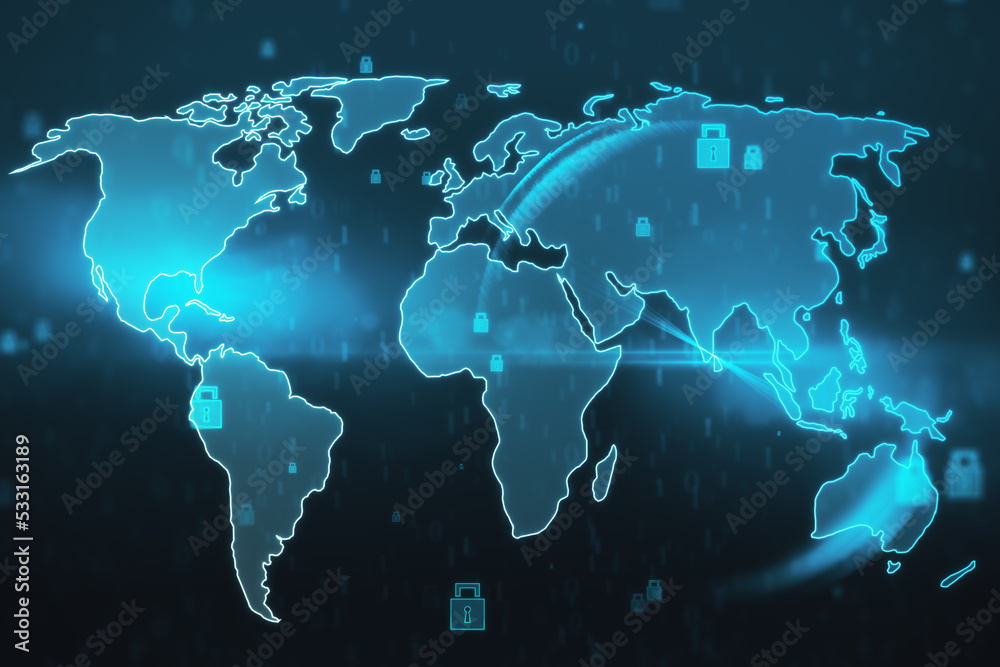 Poster Creative glowing ecryption map hologram with padlock icons on blue background. Communication, data, safety and global network concept. 3D Rendering.