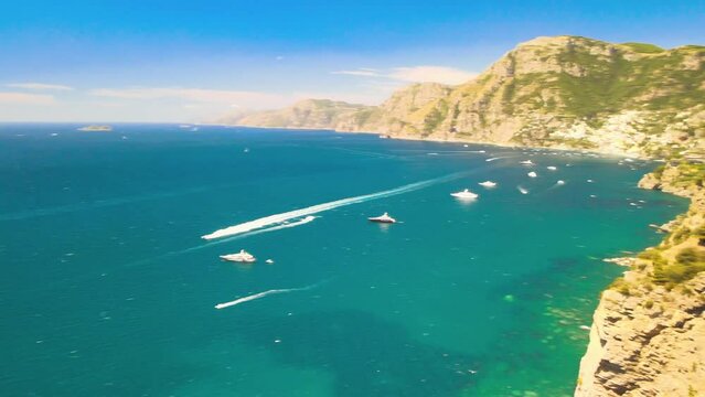 Amazing aerial view of beautiful Amalfi Coast in summer season, Italy. Drone viewpoint