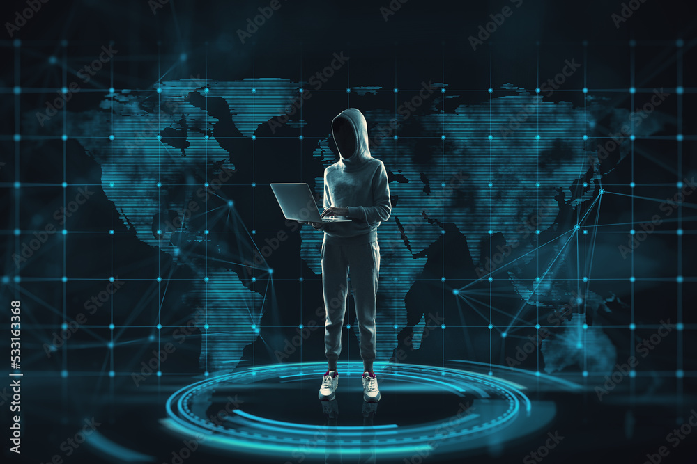 Poster hacker with laptop standing in abstract interior with map hologram. business, spy, data theft, and m