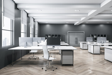 Light simple wooden and concrete coworking office interior with furniture, bookcase, window with city view. 3D Rendering.