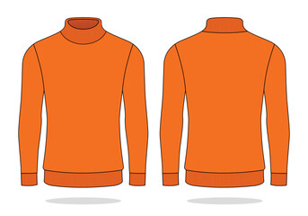 Blank Orange Turtle Neck Long Sleeve T-Shirt Template On White Background.Front and Back View, Vector File