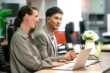 Naklejka premium business man and caucasian woman having company interview. manager talking to interview person to make decision. human resource question job position candidate about organization for suitable person
