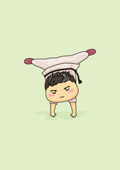 Minimalist cartoon depicting a boy standing on his hands while doing capoeira.A toddler learning the Brazilian national martial art