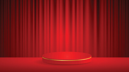 Abstract vector rendering 3d shape for placing the product with copy space. red podium with gold borders on the red floor, behind a red curtain. Vector illustration