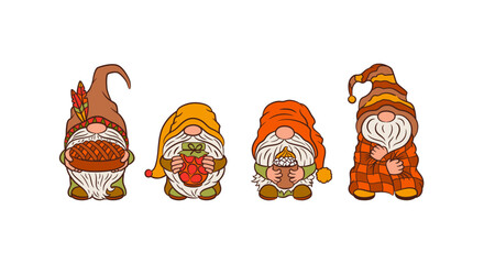 Cute gnomes set cosy fall. Autumn food thanksgiving clipart. Stock preserves cottagecore home theme. Apple pie, jam jar, coffee mug, warm plaid. Funny nordic gnomes isolated on white background.