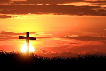 Fototapeta na wymiar The cross is crucified on the hill. at sunrise