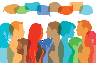 Vector cartoon heads face to the side. Communication on social networks. People from a diverse group of nationalities talk in a speech bubble. 