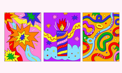 Collection of vector vertical psychedelic trippy postcard. Christmas and New Year psychedelic funky posters 2023.  Vintage 1970 vibes. Crazy Christmas interior poster with holiday decorative candle