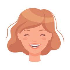 Woman Head with Short Brown Hair Showing Happy Face Expression and Emotion Laughing Front Vector Illustration