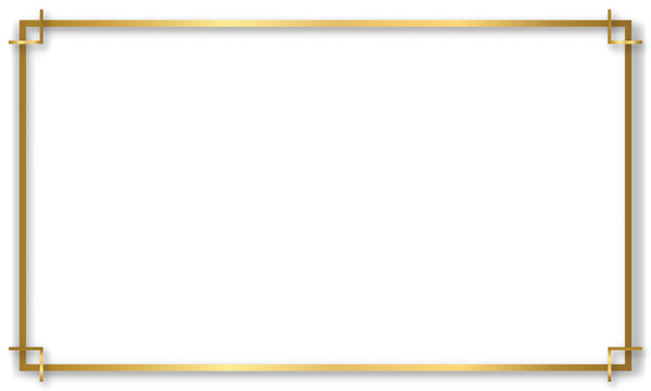 Gold shiny glowing vintage frame with shadows isolated transparent background. Golden luxury realistic rectangle border. Vector illustration