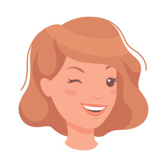 Woman Head with Short Brown Hair Showing Face Expression Winking and Smiling Vector Illustration