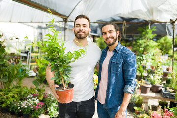 Gay man and his partner buying together beautiful plants