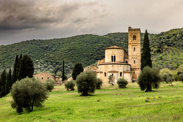 Abbey of Sant Antimo or Abbazia di Sant Antimo, a former Benedictine monastery in the Val d'Orcia...