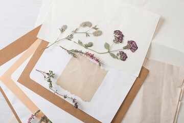 vintage composition of dried plants and old sheets of paper