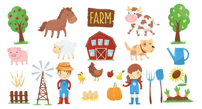 Farm and Rural Life with Smiling Boy and Girl, Red Barn, Livestock and Fruit Tree Vector Set
