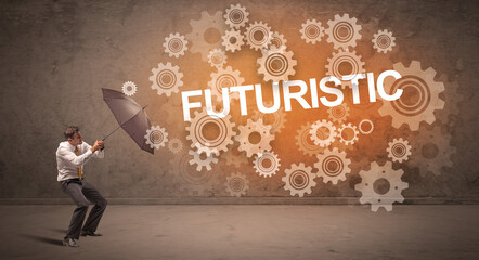 Businessman defending with umbrella concept