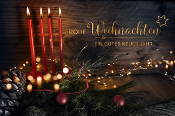 Christmas greeting card with german text - merry christmas and a happy new year - four red burning...