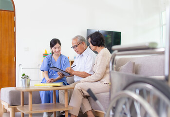 Nursing Home Care concept. The staff explained to the elderly who signed a medical treatment...