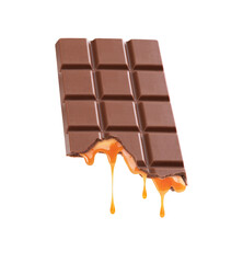 Caramel flows from a bar of chocolate on a white background