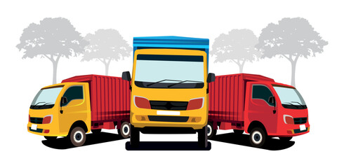 Realistic illustrated transport truck delivery. Red and yellow color. Side view and front view