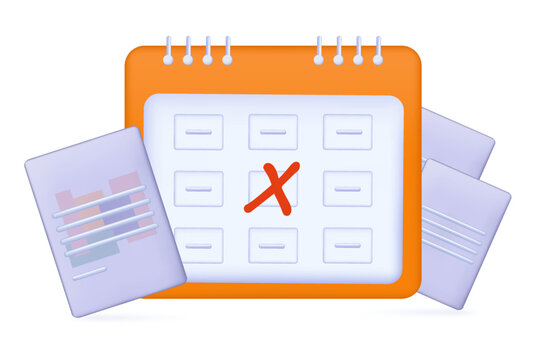 Calendar 3d, Filling Out A Document By Deadline. Timely Accepted Annual Report, The Date On The Calendar Is Marked With A Red Cross. Schedule, Agenda Or Finance Planner. Verified List. Vector Icon.