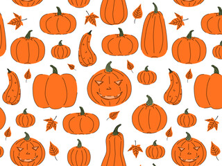 Pumpkin Halloween seamless pattern on white background. Fall harvest wallpaper.