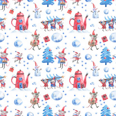 Christmas seamless pattern with cute mice, snow-covered trees, teapot houses, snowmen and snowflakes in cartoon style. New Year, Сhristmas, winter watercolor illustration. Texture for fabrics, textile