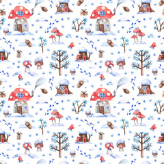Fairytale, watercolor seamless pattern with a fly agaric house in a snowy forest. Cartoon background with snowy forest landscape. Texture for wallpaper, fabric, wrapping paper.