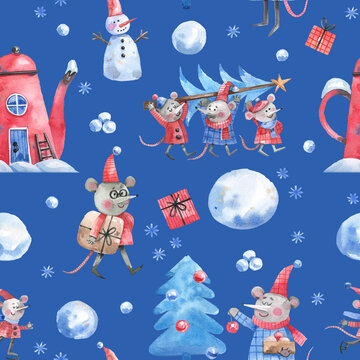 Cute little mice with a Christmas tree, a mouse with a gift, a snowman, snowflakes and a winter house on a blue background seamless cartoon pattern. New Year, Christmas background