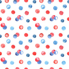 Watercolor abstract seamless pattern with red and blue watercolor dots. Polka dot style seamless pattern. Watercolor shading background.