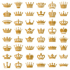 Gold crown icons. Queen king golden crowns luxury royal on blackboard.