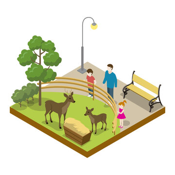 Cage With Deers Isometric 3D Icon. Public Zoo With Wild Animals And People, Zoo Infrastructure Element For Design Vector Illustration.