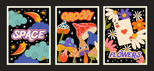 Groovy posters of the 90s. Cartoon psychedelic style. Bright hippie and retro elements. Travel landscapes, sun rays, space, mushrooms, bad trip. Vector collection of banners