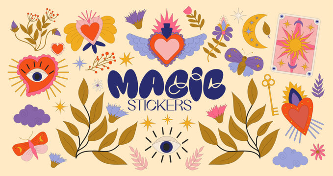 Abstract mystical set of vector hand drawn illustrations, stickers. heart, poison, moon, sun, tarot card, butterfly, leaves. Floral elements in trendy bohemian magical style. Witchcraft occult element