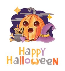 Halloween greeting card. Illustration with pumpkin, witch hat and cauldron. Hand-drawn. Marker Art