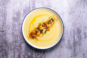 Leek and almond cream. Typical Spanish vegetable recipe.
