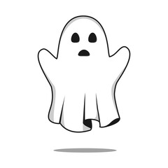 Flying ghost spirit Boo. Happy Halloween. Scary white ghosts. Cute cartoon spooky character. Smiling face, hands. White background isolated. Greeting card. Flat design vector