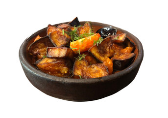 Hot spicy stew eggplant in Korean style with green onion. Aubergine saute. Vegan food.  isolated on white background.